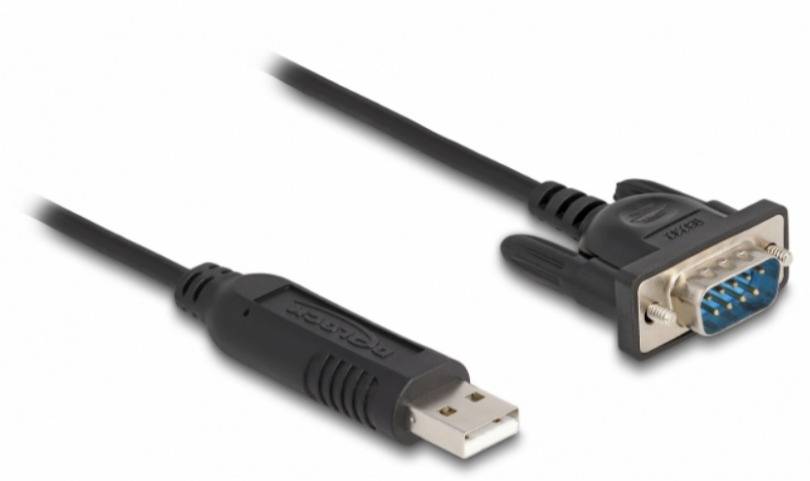 USB-til-RS232-adapterkabel med en USB-stik på venstre side og en RS232-stik på højre side.