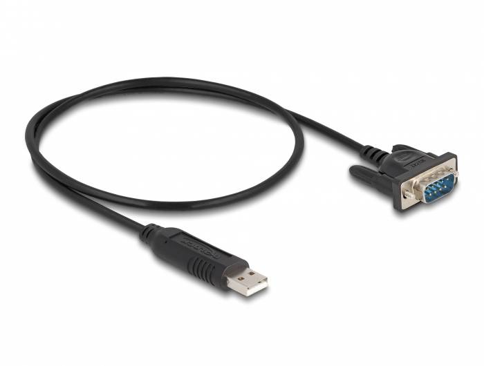USB-til-seriel adapterkabel, sort, viser en USB-stik på den ene side og en seriel forbindelse med skruer på den anden side.