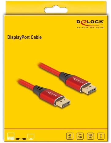 Emballage til et DisplayPort-kabel fra Delock. Gul-rød baggrund med 'DisplayPort-kabel' og illustration af et rødt kabel med stik.