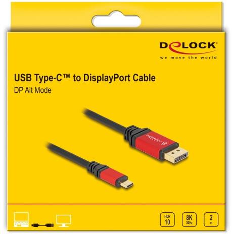 'USB Type-C til DisplayPort kabel, DP Alt Mode, Delock' står på gul emballage med to viste kabelstik. Understøtter HDR10, 8K, 32-bit.