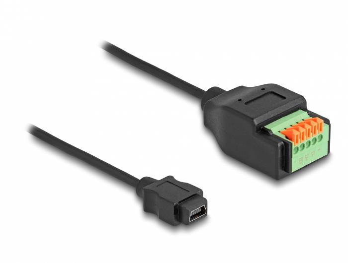 Et USB-mikro-stikforbindelseskabel er forbundet med en grøn og orange stikforbinder, som bruges til elektriske tilslutninger.