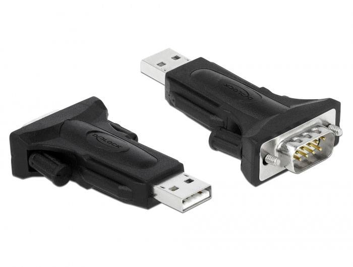 To vsorte adaptere, en med USB-stik og en med serielle porte, ligger på en hvid baggrund.