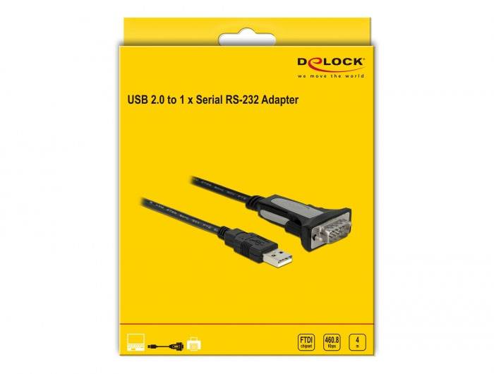 USB 2.0 til 1 x Seriel RS-232 Adapter på gul baggrund. Øverst logo 'Delock' og tekst 'we move the world'.