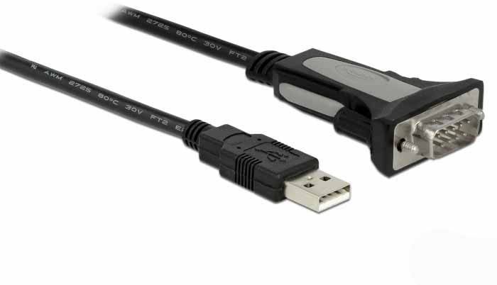 Et USB-til-serielt adapterkabel. Til venstre er USB-stikket, til højre er det serielle stik.