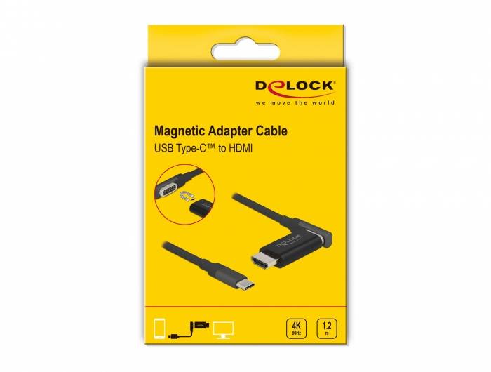 Emballage til et magnetisk adapterkabel, USB Type-C til HDMI, mærke Delock. Stikkene og kablet er vist på billede.