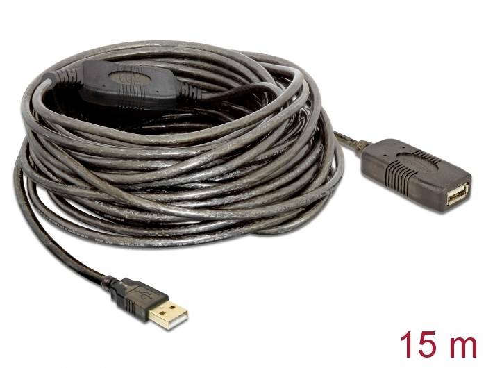 Langt 15-meter USB-forlængerkabel med han- og hunstik, til dataoverførsel og enhedstilslutning.