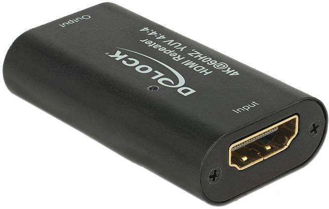 HDMI-repeater, sort, liggende. Viser påskrifter 'Delock 4K 60Hz YUV 4:4:4' og tilslutninger for 'Input' og 'Output'.