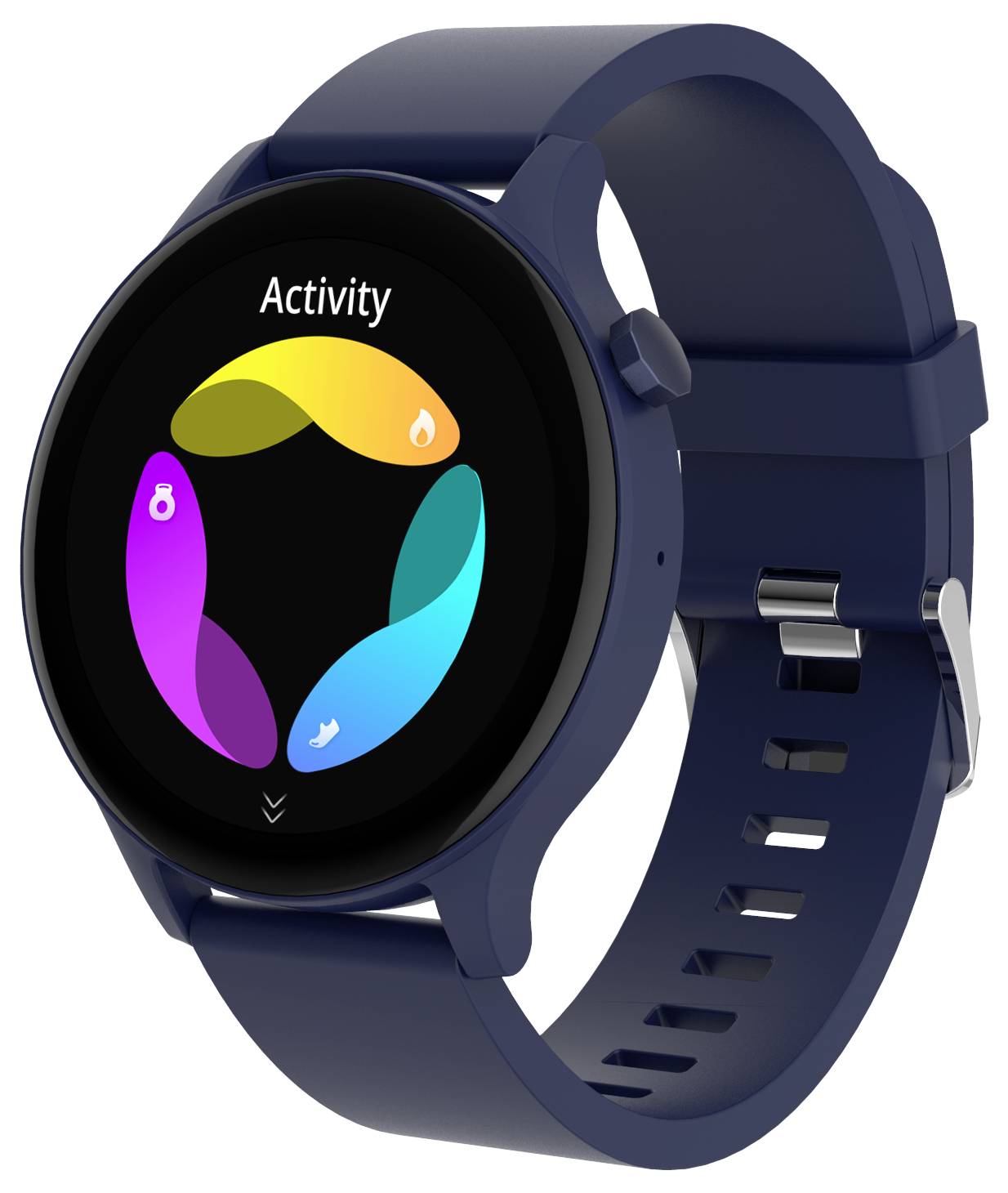 Smartwatch med blå rem, cirkulær skærm, viser farverige aktivitetssymboler.