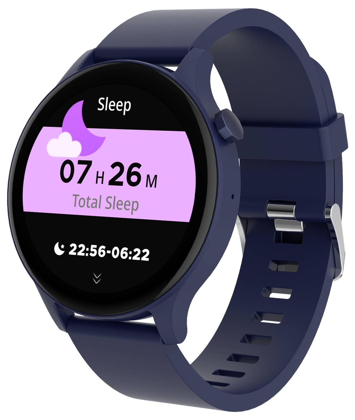 Smartwatch med blåt armbånd viser søvnovervågning: 'Samlet søvn 7 timer 26 minutter', periode 22:56–06:22.