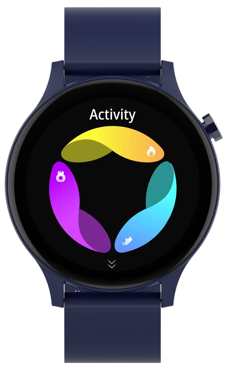 Smartwatch med cirkulær skærm, der viser fire farveaktivitetsringe i gul, pink, blå og grøn, mærket med 'Aktivitet'.