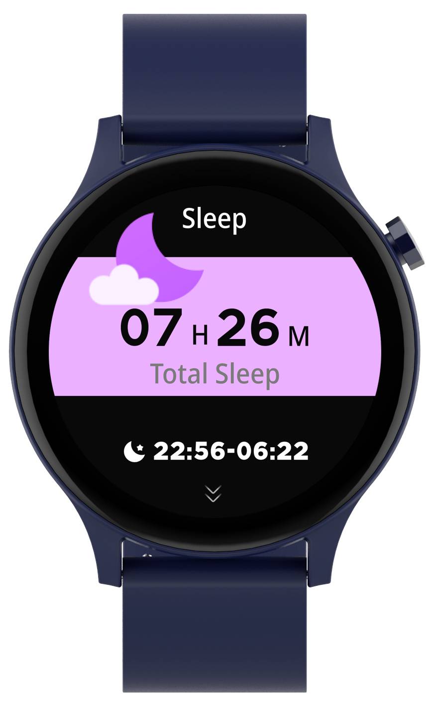 Smartwatch med vist søvnstatistik: Total søvntid 7 timer 26 minutter, søvnperiode fra 22:56 til 06:22.