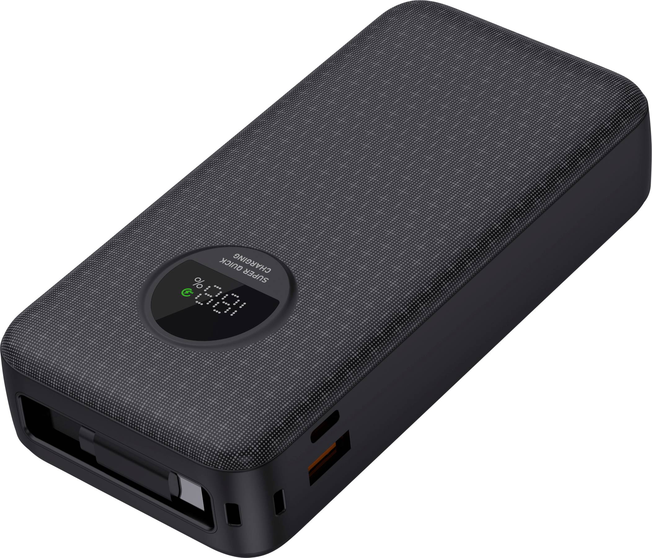 En sort powerbank med digitalt display viser opladningsstatus. Den har flere opladningsporte.