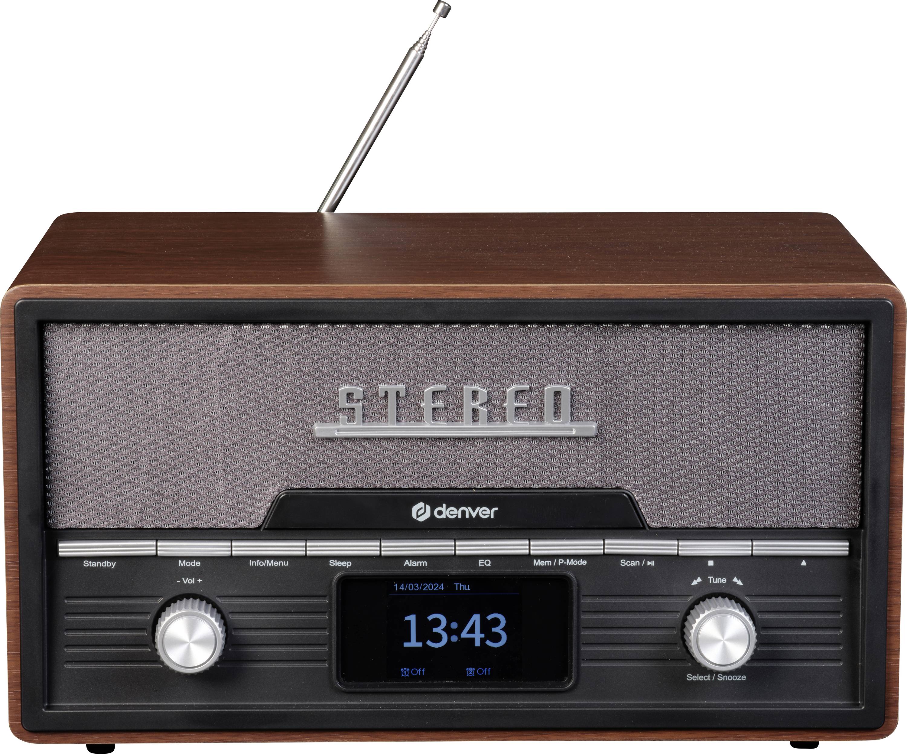 Retro-radio af træ med antenne, frontdisplay viser '13:43'. Knapper og drejeknapper til indstillinger nedenunder.
