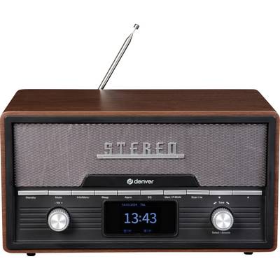 Retro-radio af træ med antenne, frontdisplay viser '13:43'. Knapper og drejeknapper til indstillinger nedenunder.