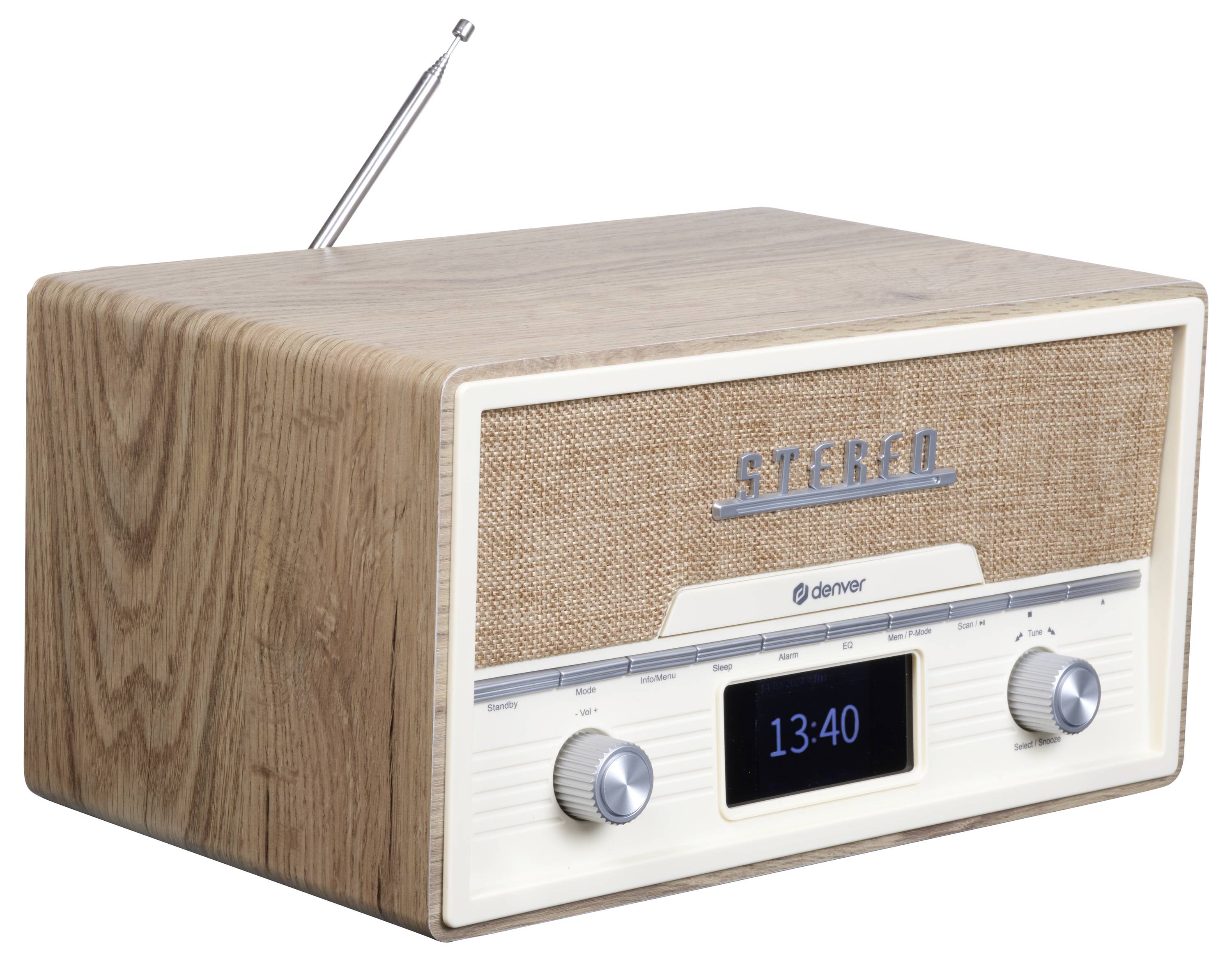 Et retro-radio i træ med analog tuner, digitalt display, der viser klokkeslættet 13:40, og drejeknapper til betjening.
