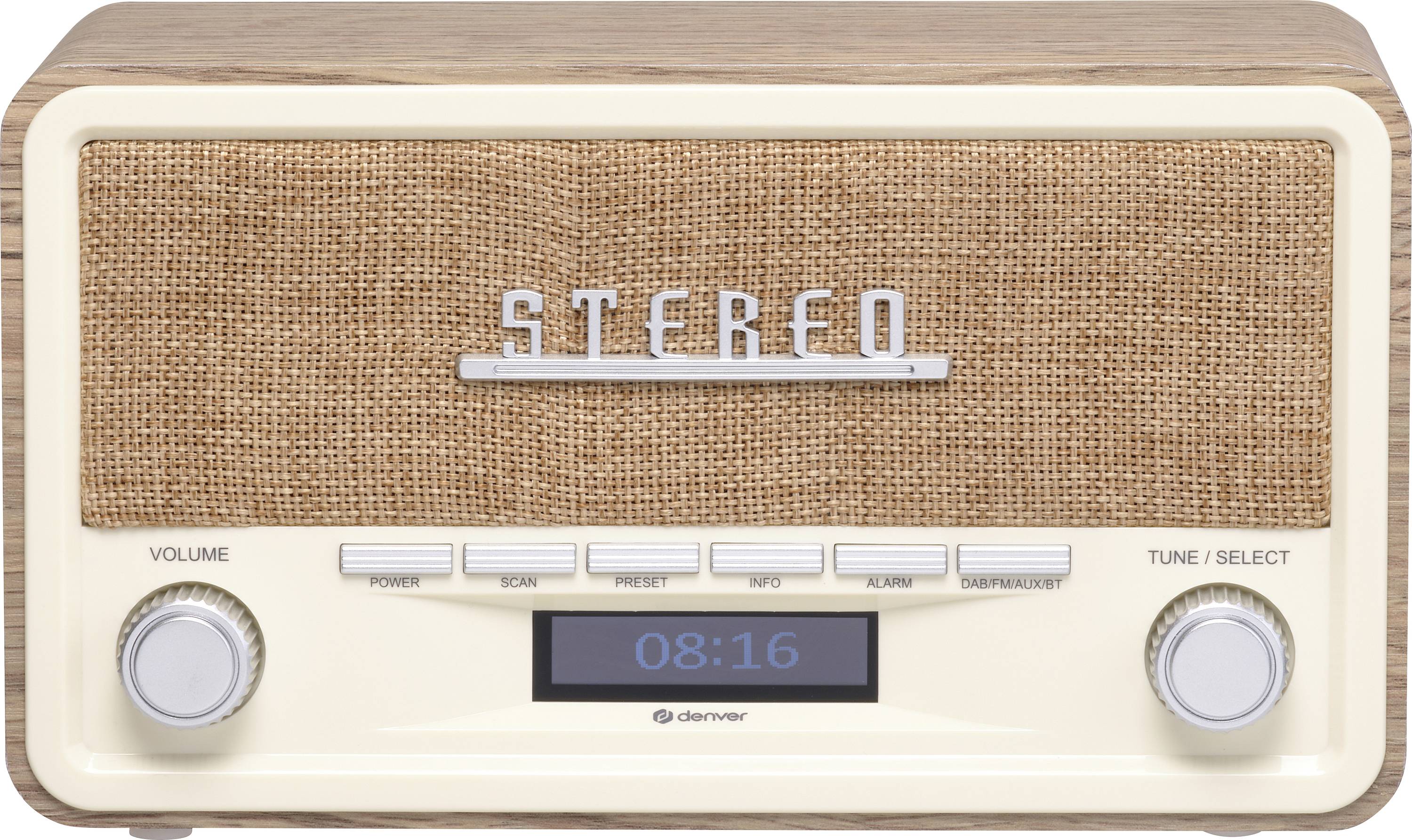 Retro-radio i creme og beige med stofbetræk, runde volumeknapper og et digitalt display, der viser '08:16'.