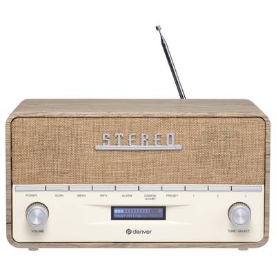 'Gammelt retro-radio med træbeklædning og udtrækbar antenne. Forsiden viser betjeningsknapper og digitalt display med teksten 'Searching Argentina Rock'.'