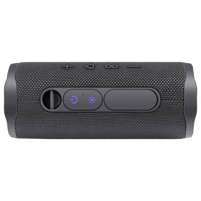Bærbar, cylinderformet Bluetooth-højtaler i sort med tydelige betjeningselementer, herunder volumenkontrol og tænd/sluk-knap.