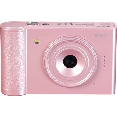 Rosa kamera med enkelt design og centralt placeret objektiv.