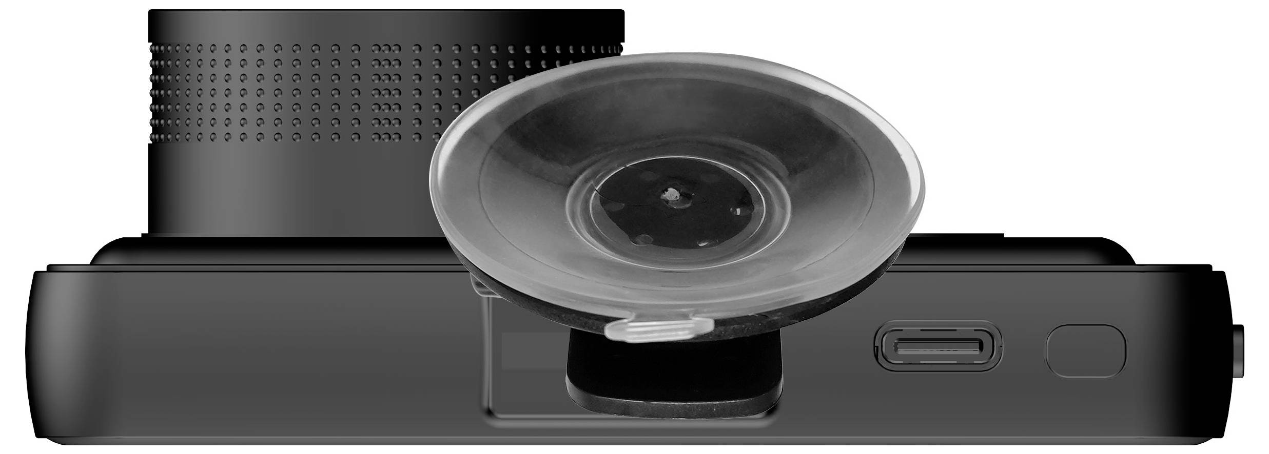 Et instrumentbræt-kamera set fra siden, med sugekopholder og USB-stik til højre.