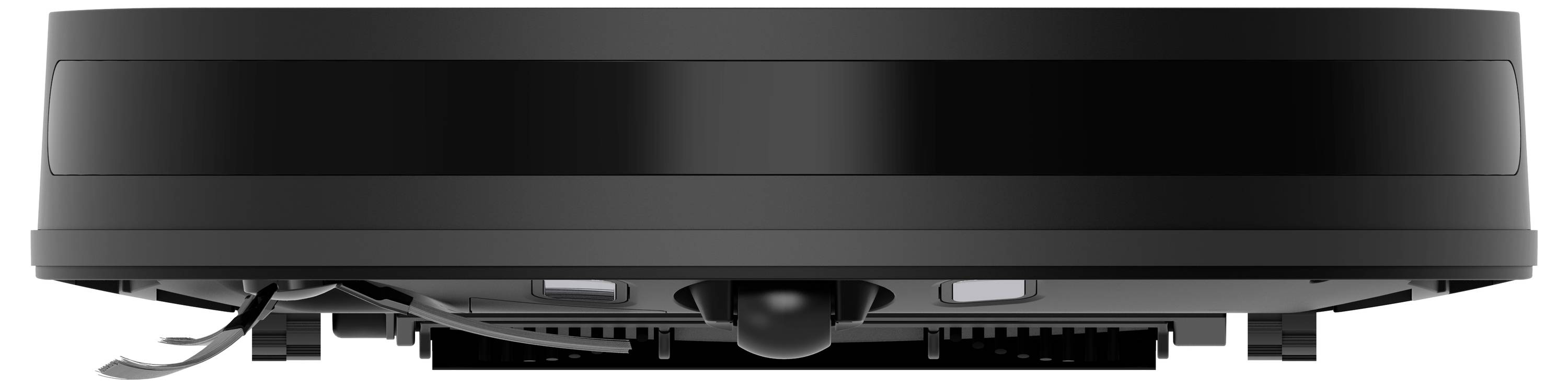 En sort rund støvsugerobot set fra siden, med roterende børster nedenunder, på hvid baggrund.