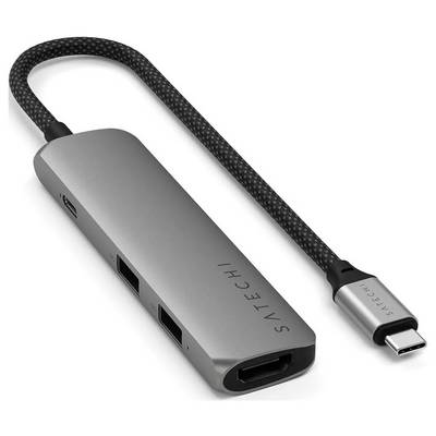 En Satechi USB-C hub med flere tilslutninger, herunder HDMI, USB-A og USB-C kabler, til tilslutning af eksterne enheder.