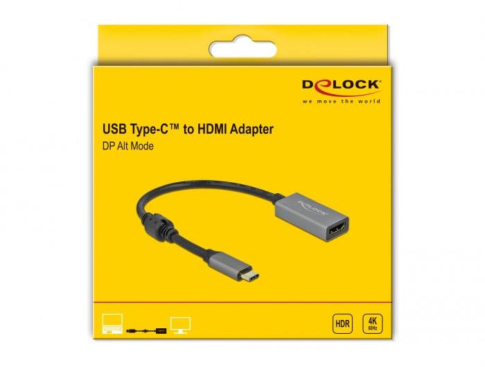 Gul emballage med USB Type-C til HDMI-adapter på illustrationen, varemærkelogo øverst til højre. Understøtter HDR og 4K.