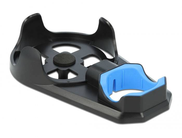 Sort holder med blå indvendig flade, egnet til fastgørelse af enheder eller flasker, på lys baggrund.