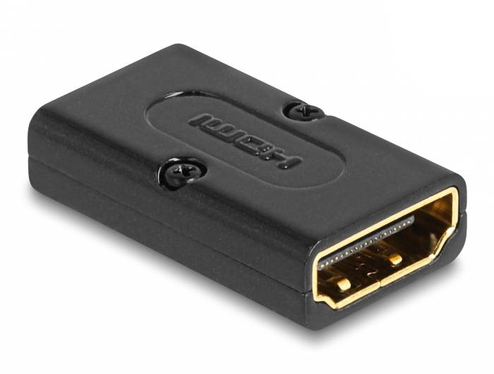 En sort HDMI-adapter på en hvid overflade. Adapteren har et guldfarvet HDMI-stik.