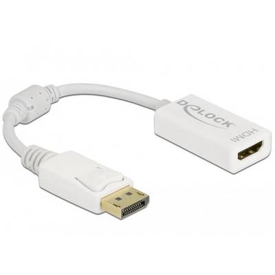 En hvid DisplayPort-til-HDMI-adapterkabel med forgyldte kontakter. Adapteren er mærket med 'HDMI' og 'Delock'.