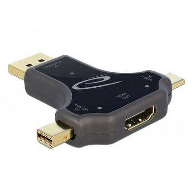 En adapter med USB-C og Mini-DisplayPort-stik som indgange og et HDMI-udgangsstik, velegnet til videoforbindelser.