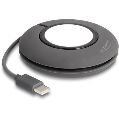 Afrundet, sort USB-C-oplader med grå ledning, kompakt og bærbar.