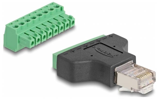 Grøn klemmeblok og adapterstik med RJ45-tilslutning. Klemmeblokken har nummererede tilslutninger, adapteren bærer logoet 'Conrad'.