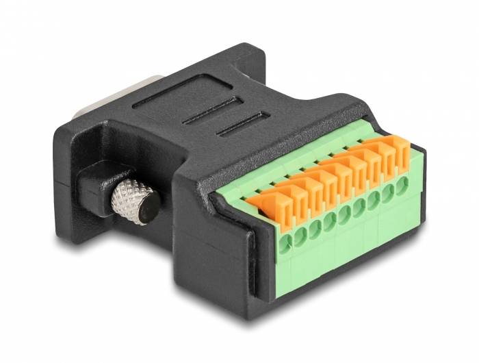 En adapter med et sort hus og grønne klemmer med en orange vippekontakt, egnet til elektriske forbindelser.