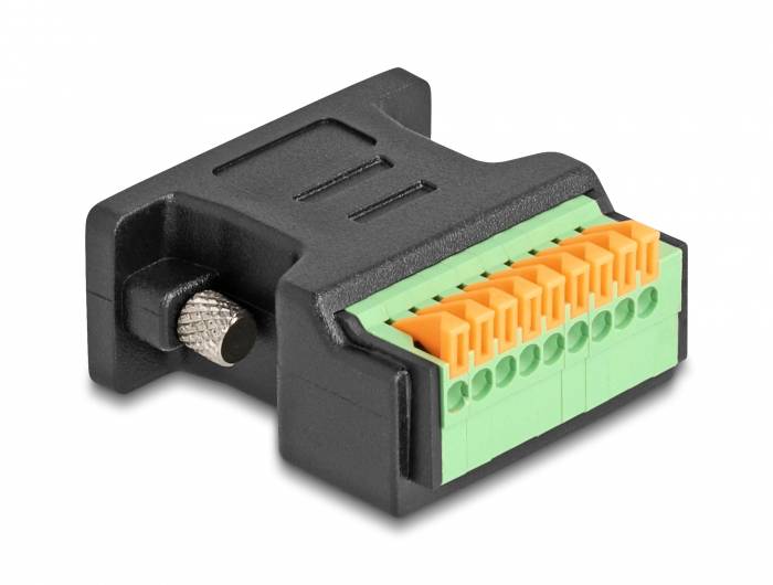 'Sort adapterstik med grønne og orange klemmer, egnet til tilslutning af ledninger i et elektronisk system.'