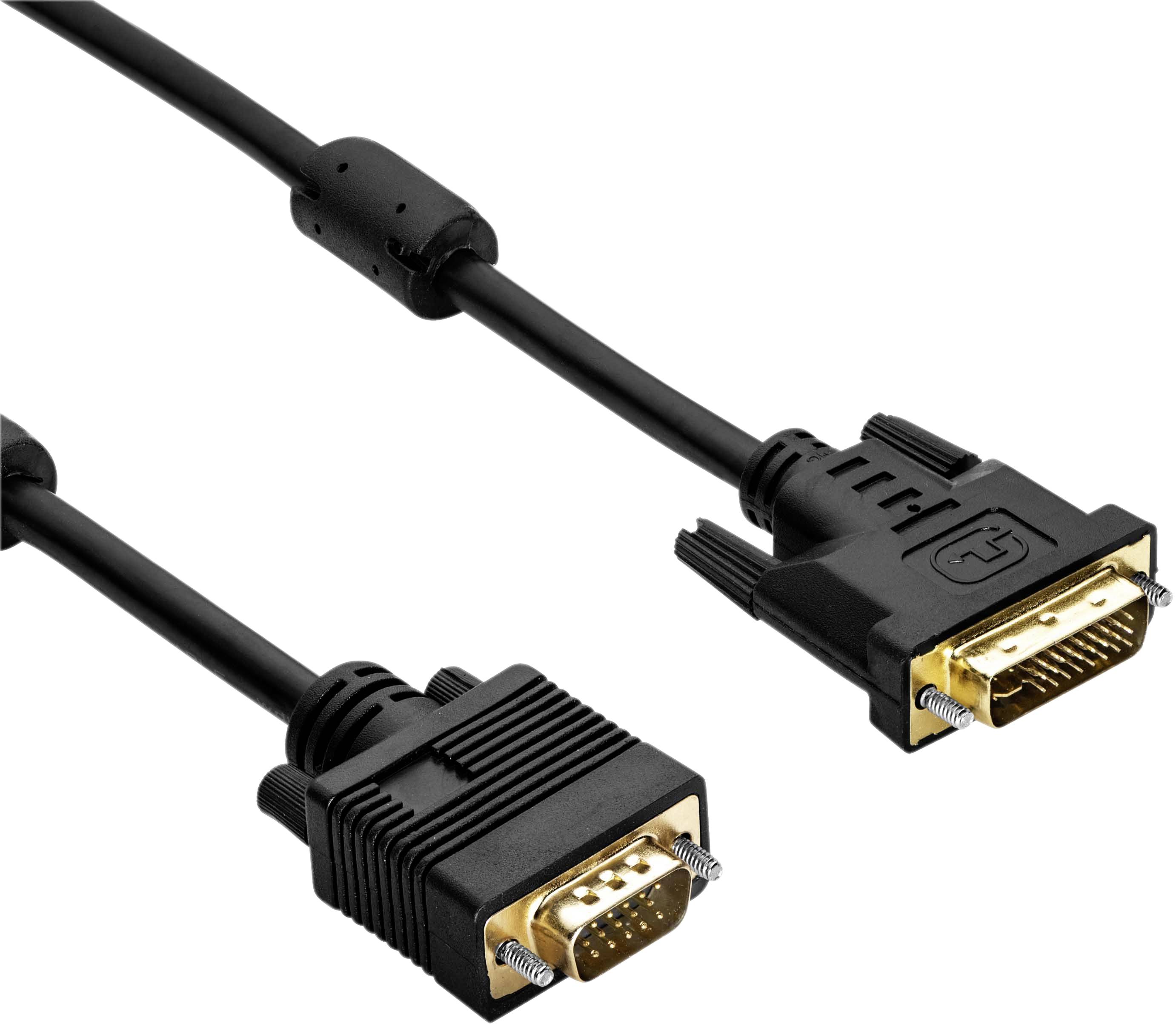 Et sort computerforbindelseskabel med en VGA-stik på den ene side og en DVI-stik på den anden side.