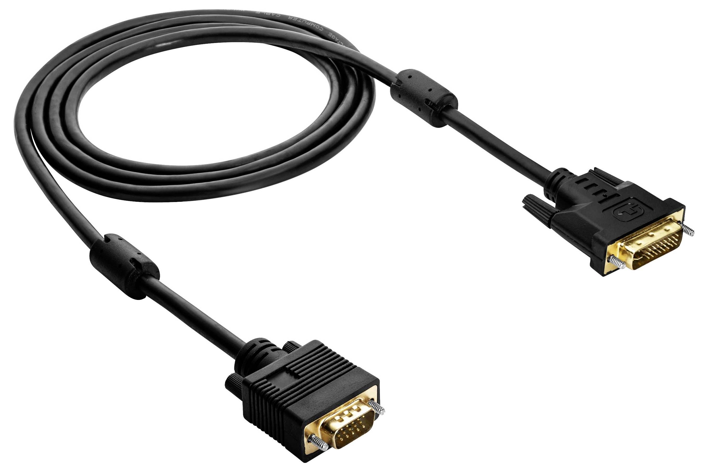 Et sort, spiralformet DVI-kabel med to stik til forbindelse mellem computer og skærm.