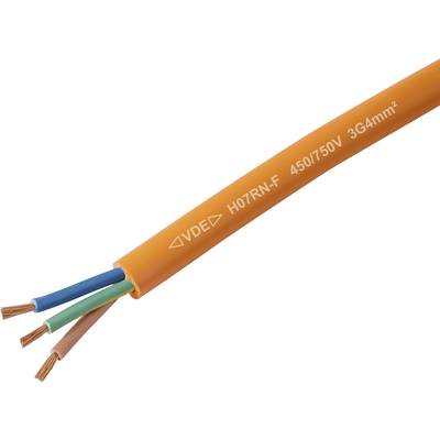 Orange elektrisk kabel mærket 'VDE H07RN-F 450/750V 3G4mm²', som viser tre blottede kobberledninger i blå, brun og grøn/gul.