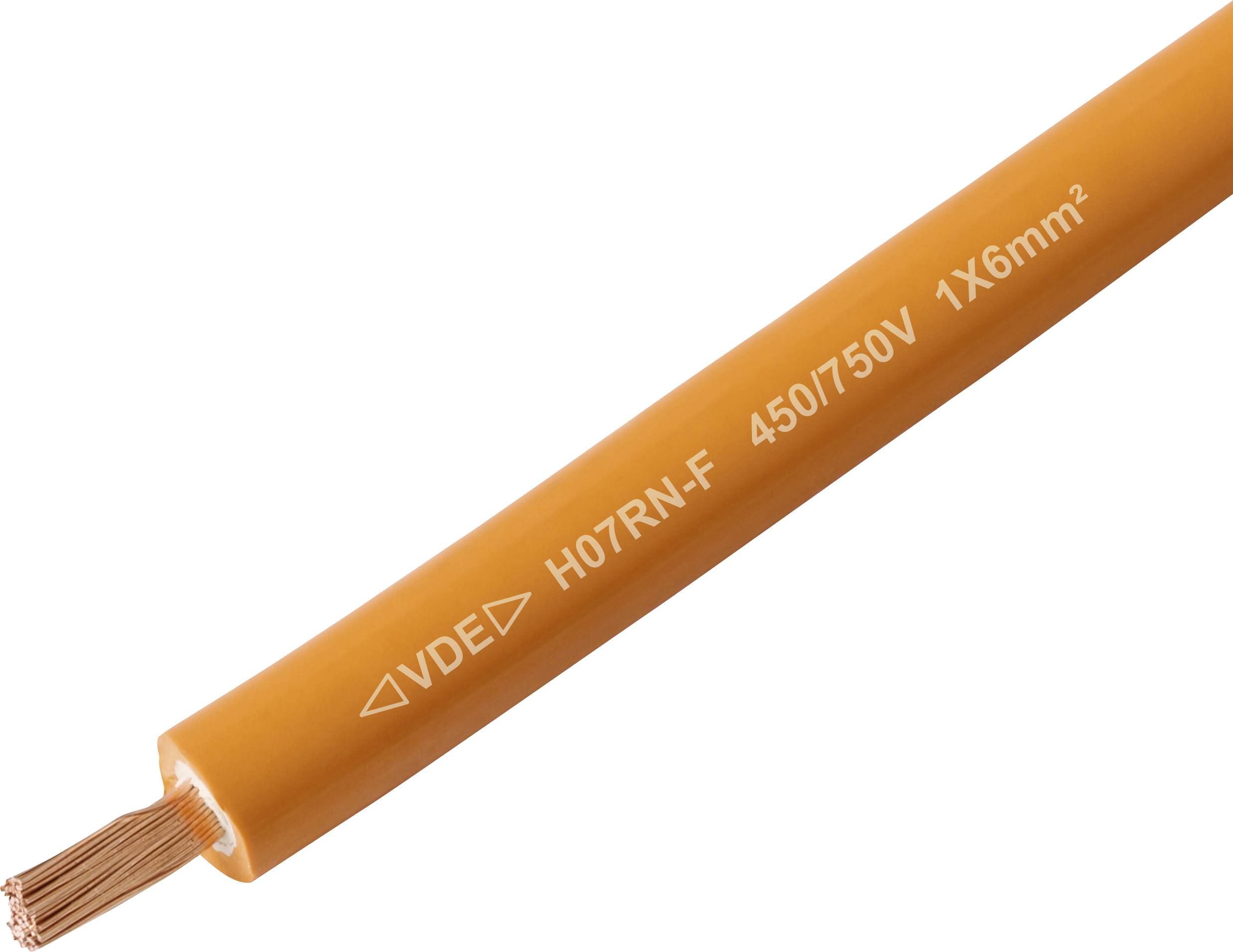 'Orange elektrisk kabel mærket H07RN-F 450/750V 1X6mm², egnet til strømoverførsel.'