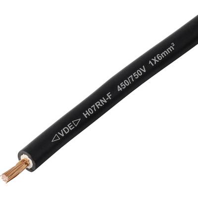 En sort elektrisk kabel mærket 'VDE H07RN-F 450/750V 1X6mm²' med blotlagt kobberledning i den ene ende, bruges til industrielle formål.