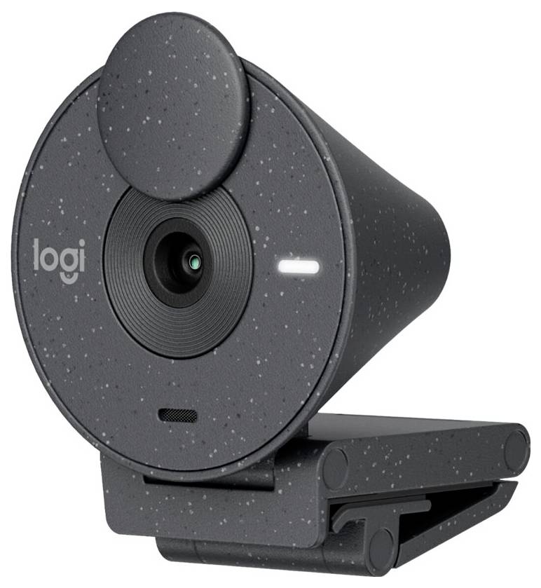 Et gråt webcam med tekstur og justerbar clip. Velegnet til computer- eller laptopbrug, med integreret mikrofon og dæksel.