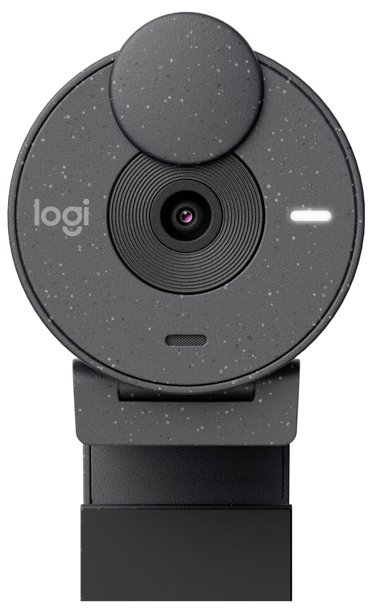 Grå webcam med rund design, centralt placeret linse og en lille hvid indikatorlampe. Logo synligt øverst til højre.