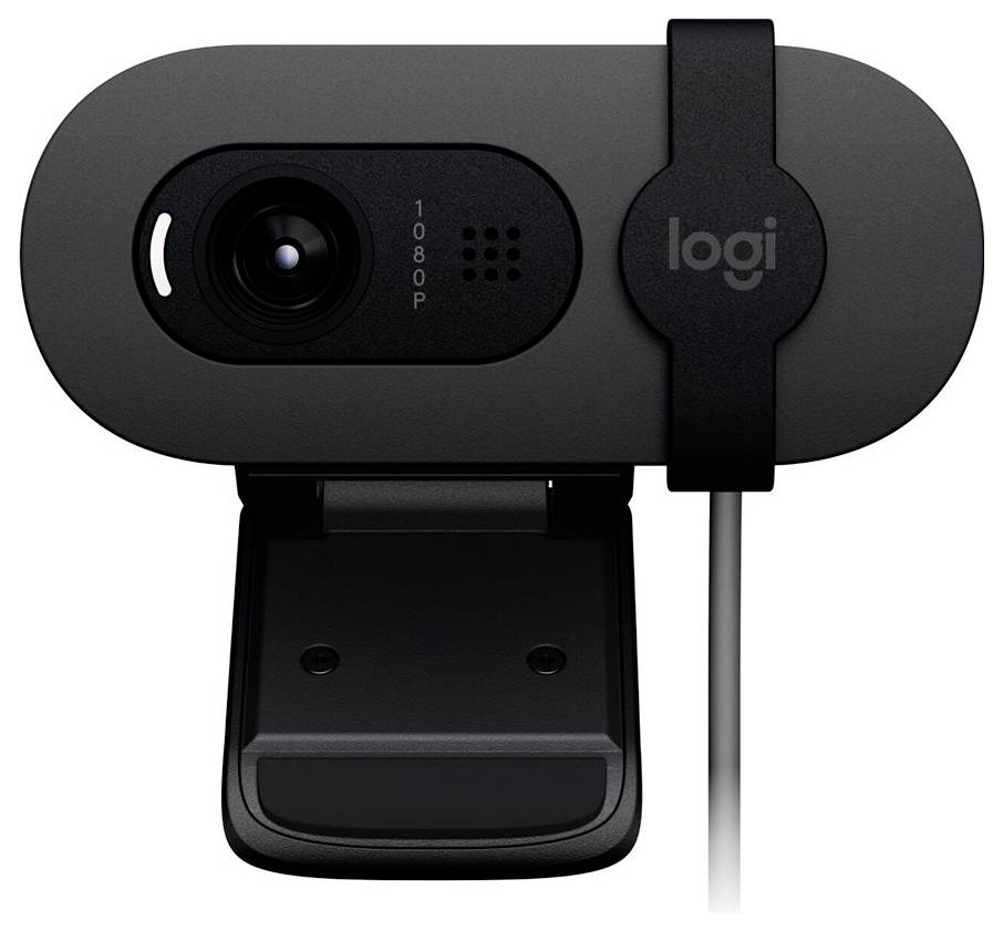 Sort webcam med 1080p-opløsning, mærket med 'logi'. Monteringsbeslag synligt, egnet til computer og online-kommunikation.