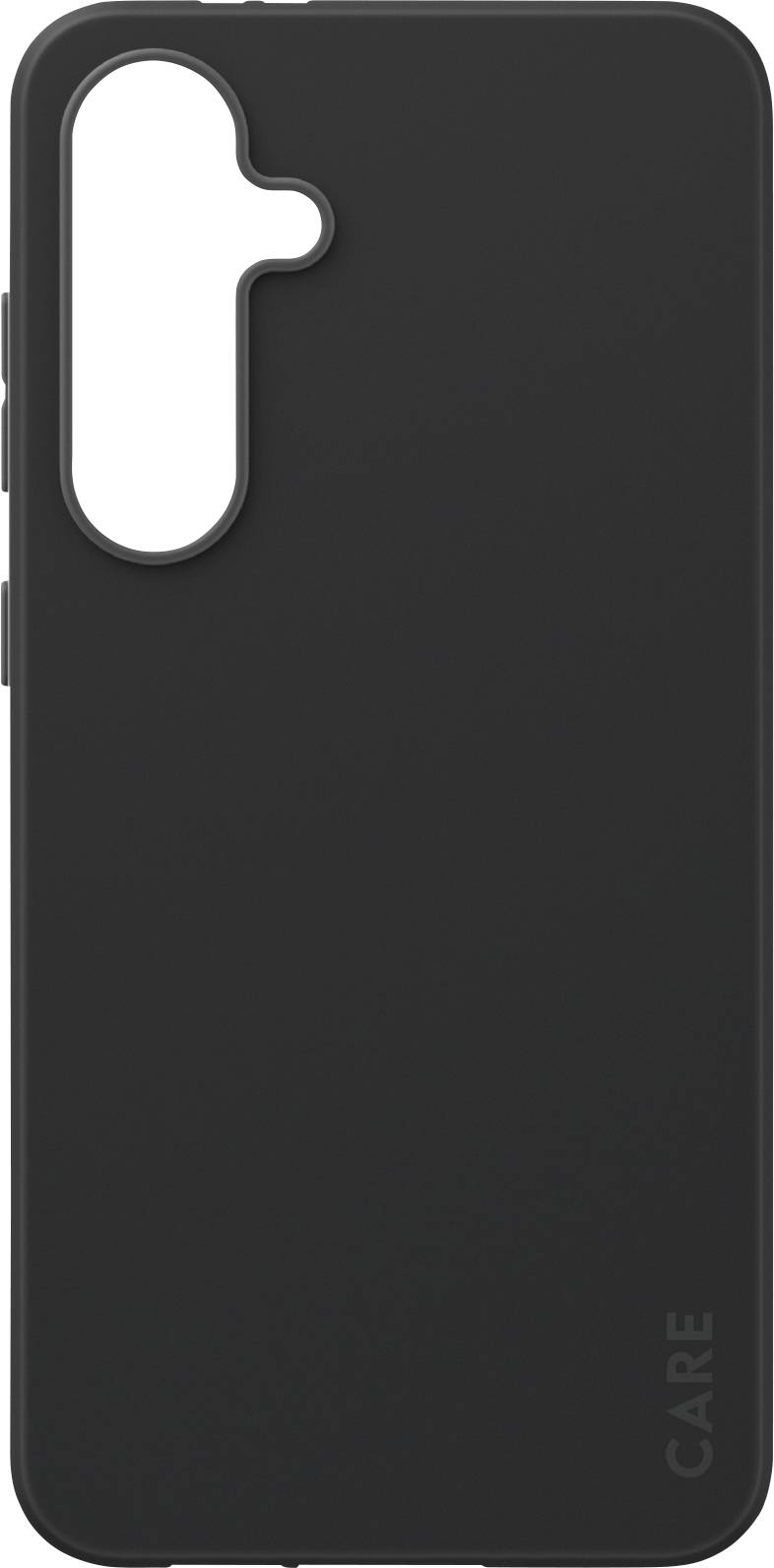 Sort mobiltaske med kameraåbning på venstre side, enkelt design.