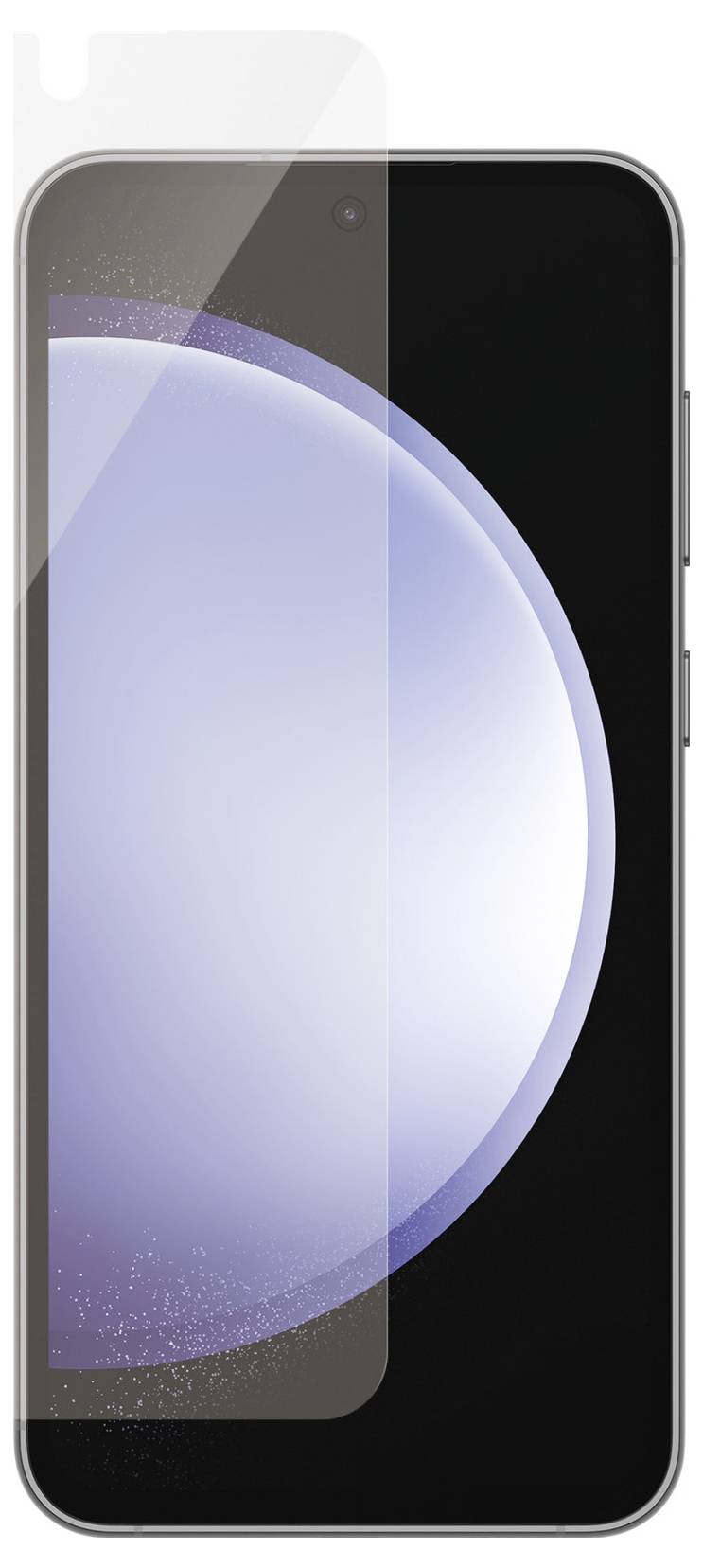 Smartphone med transparent skærmbeskyttelse. Displayet viser et abstrakt, blå-hvidt mønster.