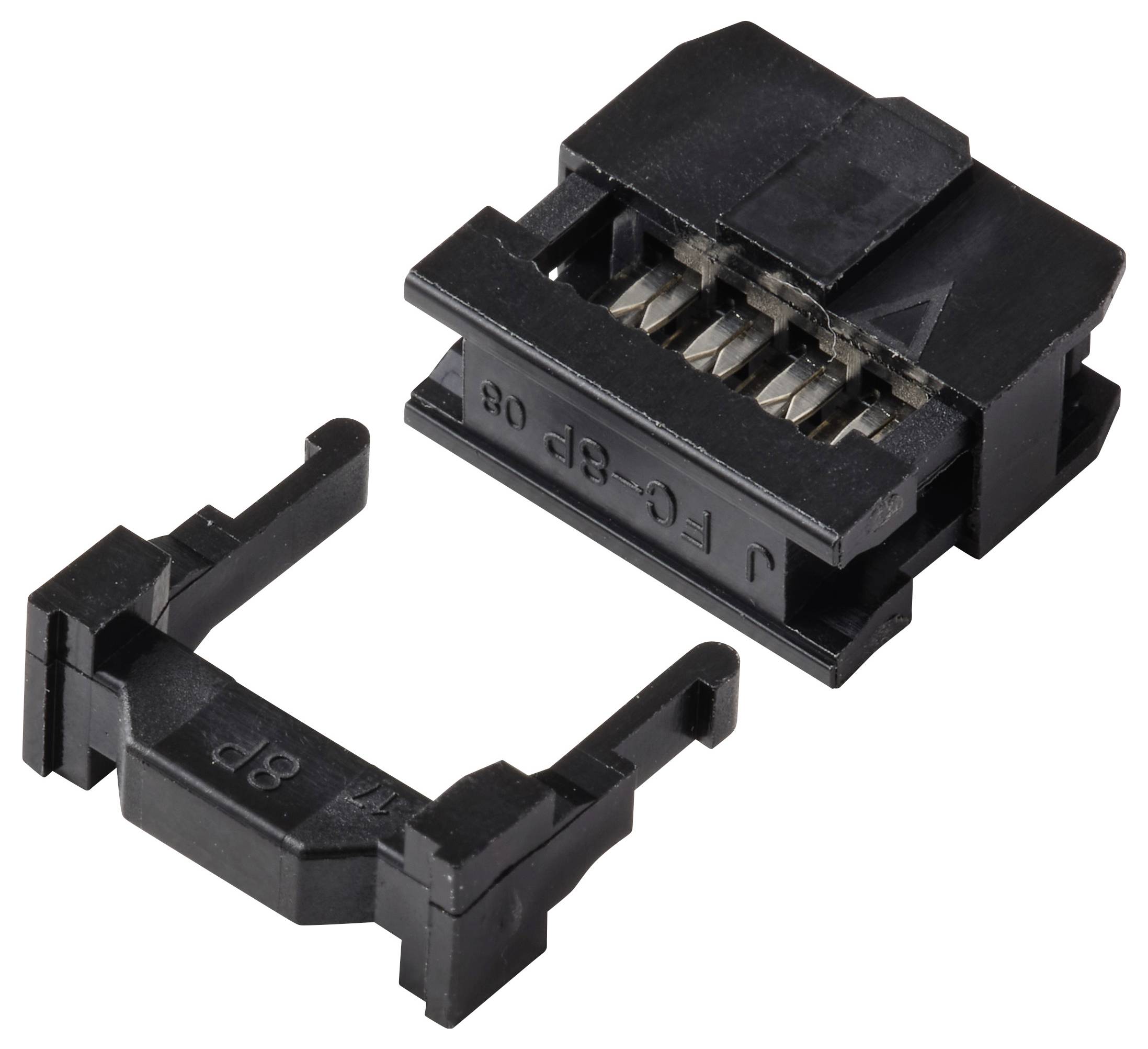 En sort plastik ethernet-stik med separat låsemekanisme, der viser metalkontakter.