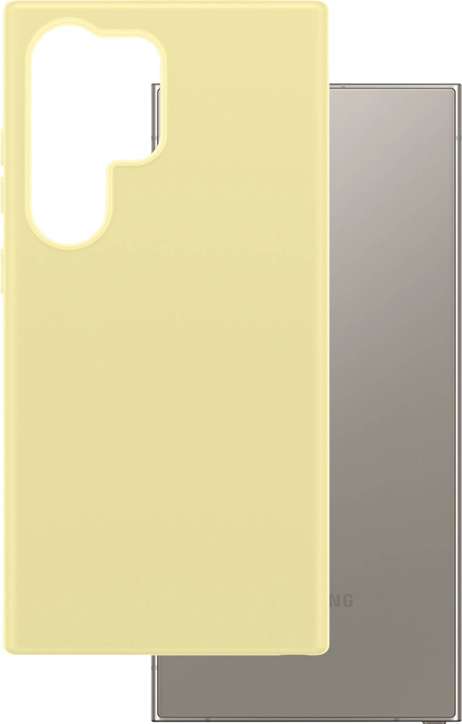 Et gult smartphone-cover ved siden af en sølvfarvet smartphone. Coveret viser en udskæring til kameraet.