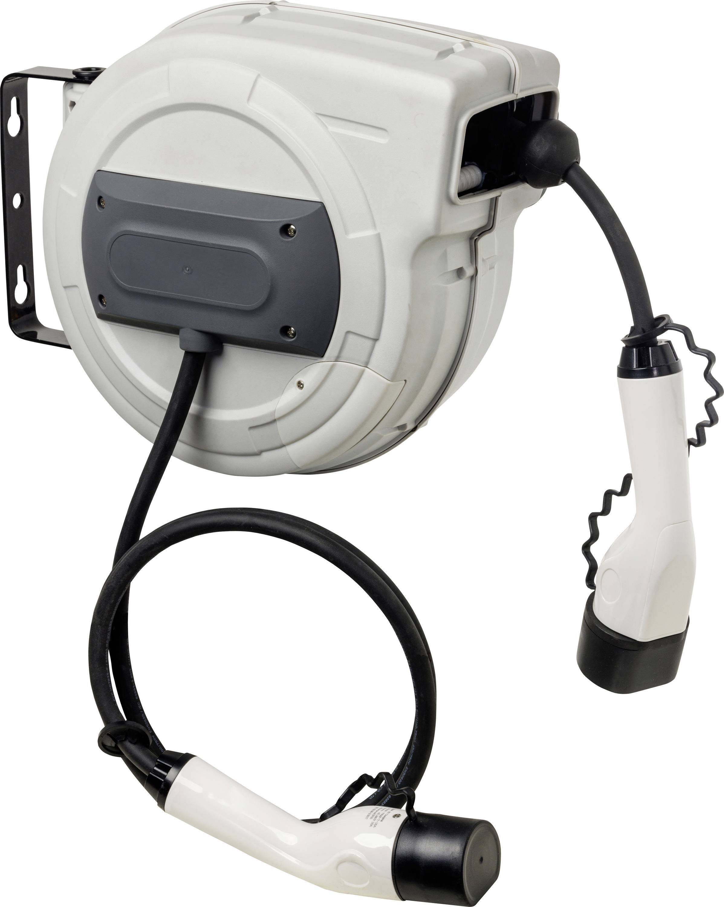 En hvid vægbeslag med oprullet elektrisk kabel og to stikforbindelser. Perfekt til opladningsstationer til elektriske køretøjer.