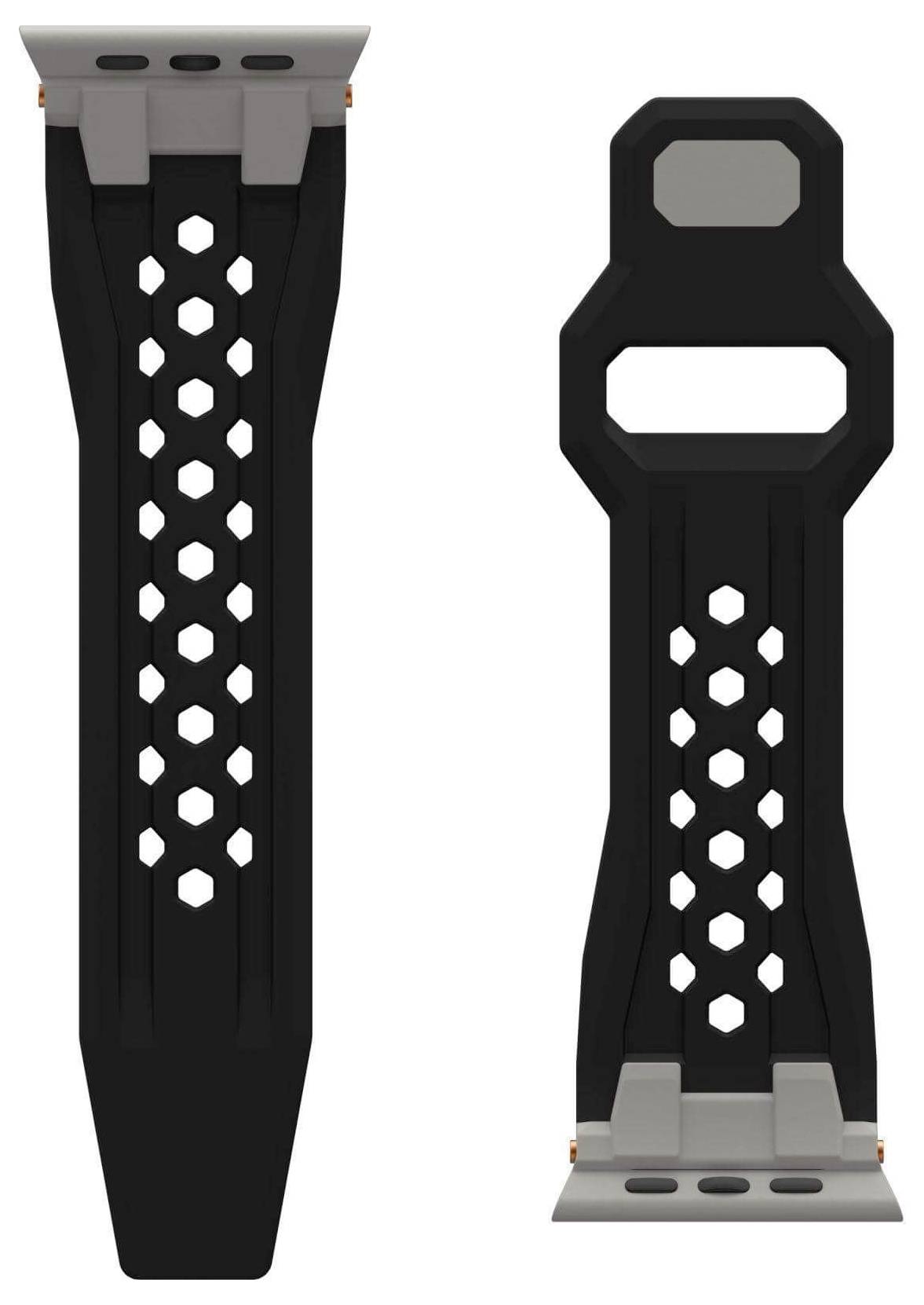 To Armbånd lavet af sort gummi med grå metaldetaljer, et åbent og et lukket, viser et honeycomb-mønster.