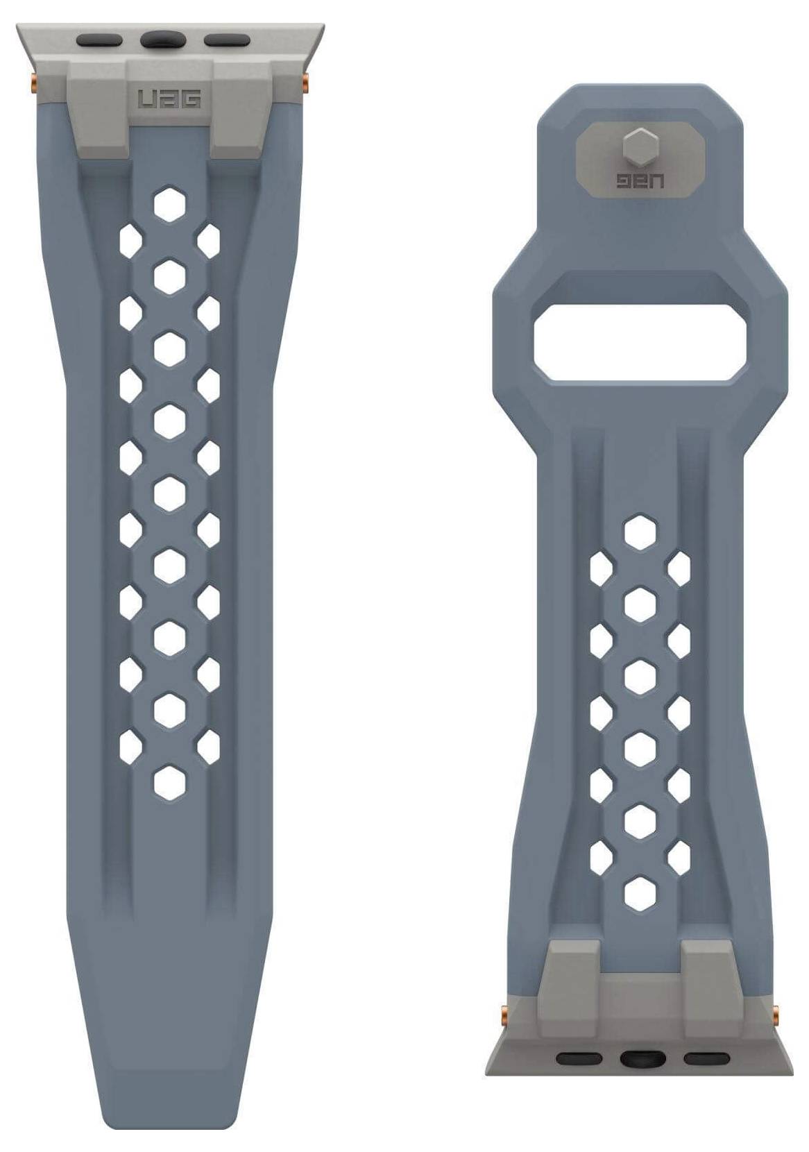 Blå-grå plastikdele med sekskantede udskæringer, som antyder en teknisk eller mekanisk funktion.